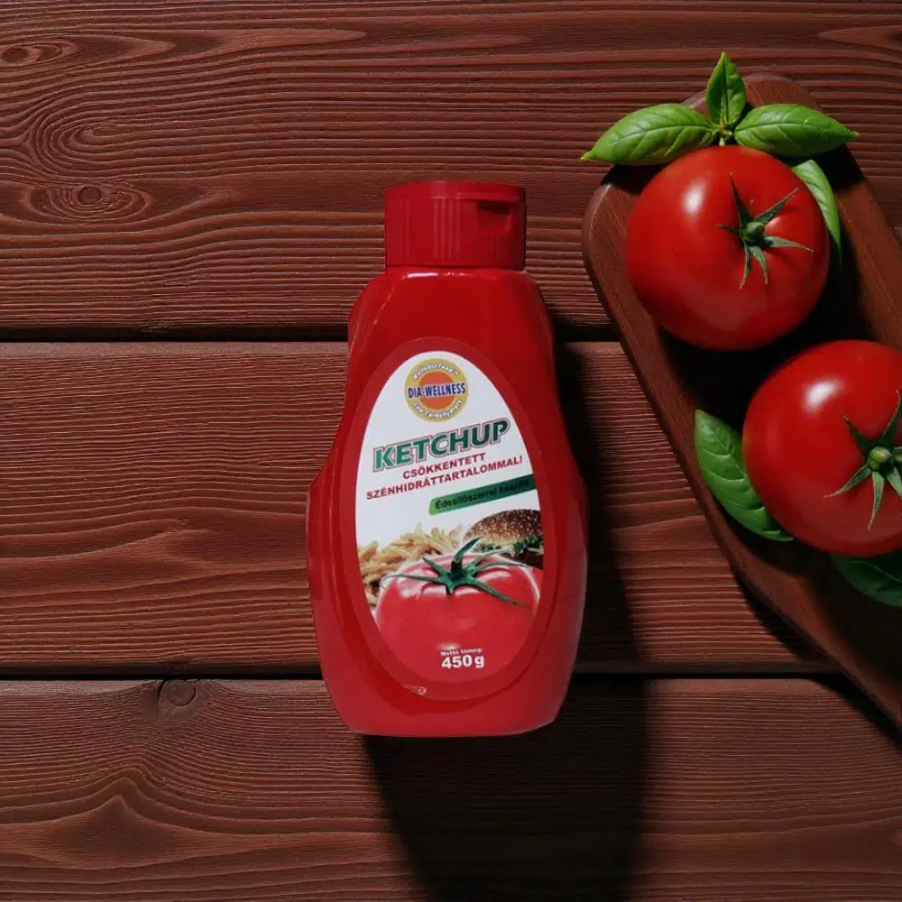 cukormentes ketchup, diétás ketchup paradicsomból, szénhidrátcsökkentett szósz, alacsony kalóriatartalmú ketchup, IR-barát ketchup, hozzáadott cukor nélküli ketchup.