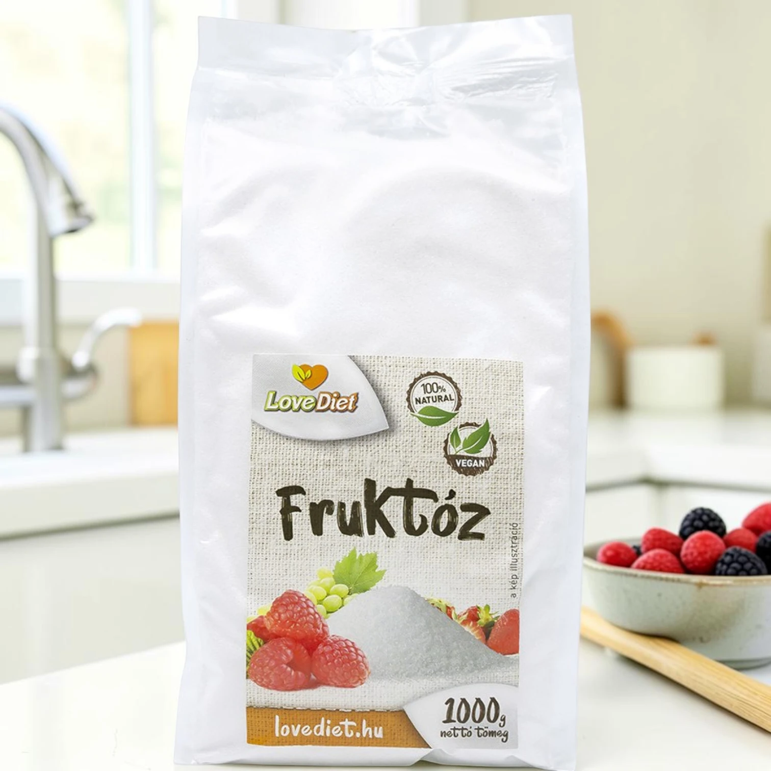 gyümölcscukor, természetes édesítő, fruktóz 1kg, cukorhelyettesítő alapanyag