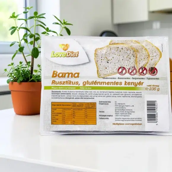 gluténmentes barna kenyér, diétás pékáru, mentes kenyér, rusztikus mentes kenyér, szeletelt gluténmentes kenyér 235g