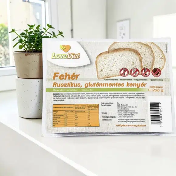 gluténmentes fehér kenyér, diétás pékáru, mentes kenyér, rusztikus mentes kenyér, szeletelt gluténmentes kenyér 235g