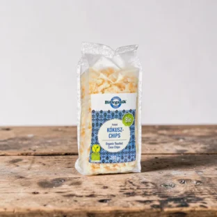 BIO kókuszchips pirított 200g, prémium bio csemegék, laktózmentes kókuszchips, vegán kókuszchips, növényi rágcsálnivaló, finom tiszta bio pirított kókusz chips