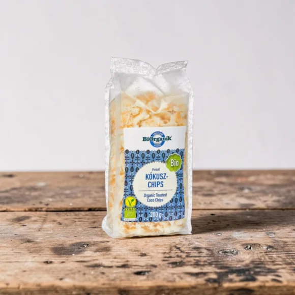 BIO kókuszchips pirított 200g, prémium bio csemegék, laktózmentes kókuszchips, vegán kókuszchips, növényi rágcsálnivaló, finom tiszta bio pirított kókusz chips