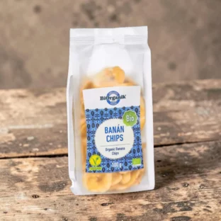 BIO banánchips 100g, prémium bio csemegék, laktózmentes banánchips, vegán banánchips, növényi rágcsálnivaló, finom tiszta bio banán chips