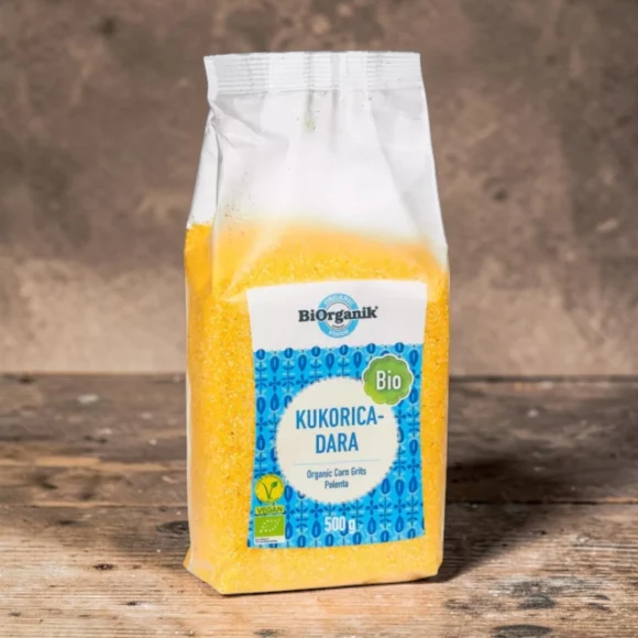 BIO kukoricadara 500g, organikus termesztésű kukoricaőrlemény, prémium bio gabonafélék, kukorica természeténél fogva, sárgálló növényi dara, organikus dara