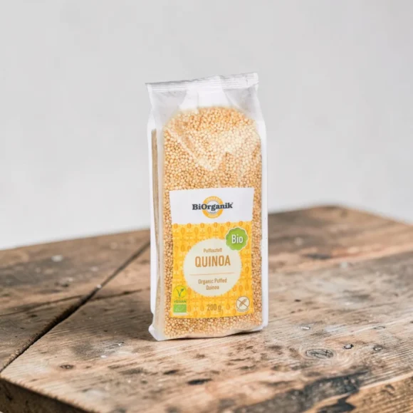 BIO puffasztott quinoa 200g, prémium bio pelyhek, organikus álgabonát, bio termék, növényi ropogós, puffasztott álgabona