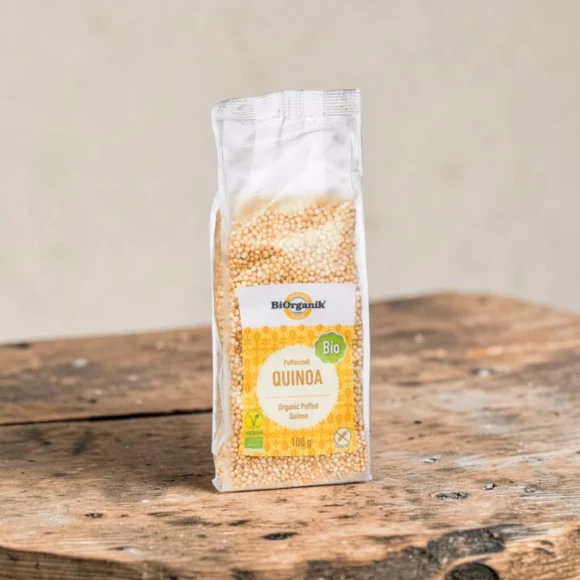 BIO puffasztott quinoa 100g, prémium bio pelyhek, organikus álgabonát, bio termék, növényi ropogós, puffasztott álgabona