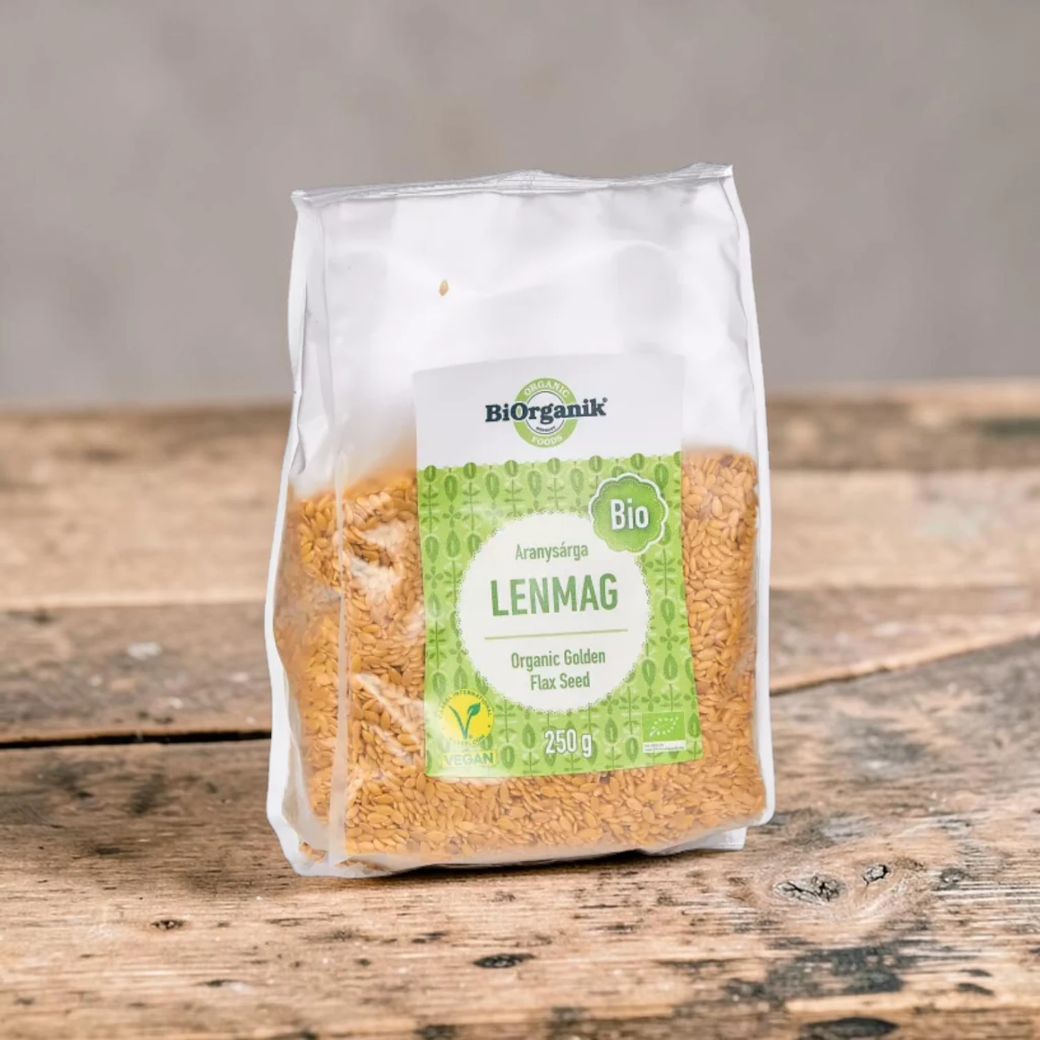 BIO aranysárga lenmag 250g, prémium bio pelyhek és magvak, bio olajos mag, növényi alapanyag, egész szemű sárga lenmag