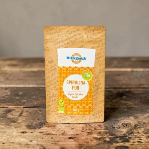BIO spirulina alga por 100g, prémium bio szuperélelmiszerek, laktózmentes spirulina por, vegán spirulina alga, növényi szuperélelmiszer, finom tiszta bio spirulina alga por