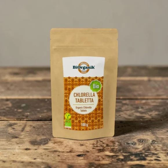 BIO chlorella alga tabletta 100g, prémium bio szuperélelmiszerek, laktózmentes chlorella tabletta, vegán chlorella alga, növényi szuperélelmiszer, finom tiszta bio chlorella alga tabletta