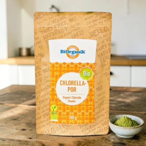 BIO chlorella alga por 100g, prémium bio szuperélelmiszerek, laktózmentes chlorella, vegán zöldalga, növényi szuperélelmiszer, finom tiszta algapor