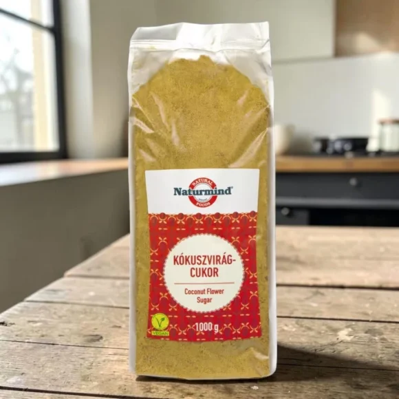 Naturmind kókuszvirágcukor 1kg, prémium édesítők, finomítatlan kókuszcukrot, természetes édesítőszer, gluténmentes, növényi alapanyag, karamelles barna cukor