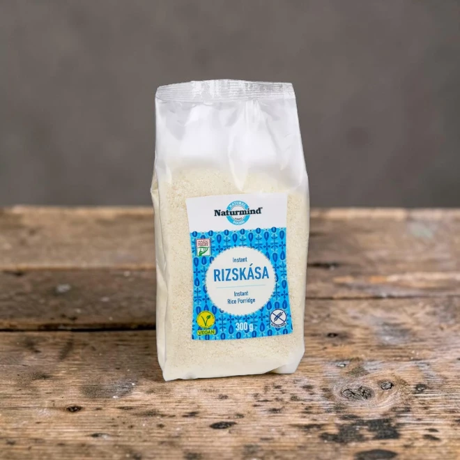 instant rizskása 300g, gluténmentes kása, mentes reggeli alapanyag, könnyen emészthető étel, hozzáadott cukormentes kása, növényi alapú táplálkozás