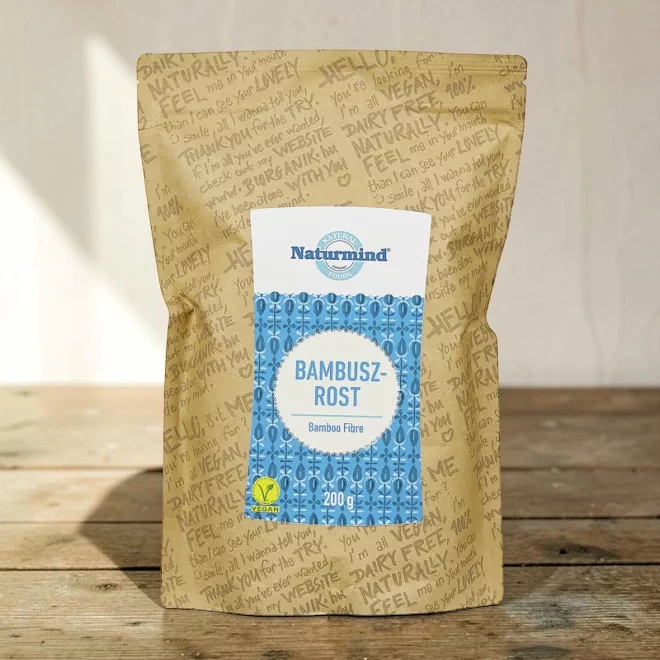 Naturmind bambuszrost 200g, prémium diétás rostok, laktózmentes bambuszrost, vegán bambuszrost, növényi rostőrlemény, finom gluténmentes bambusz rost