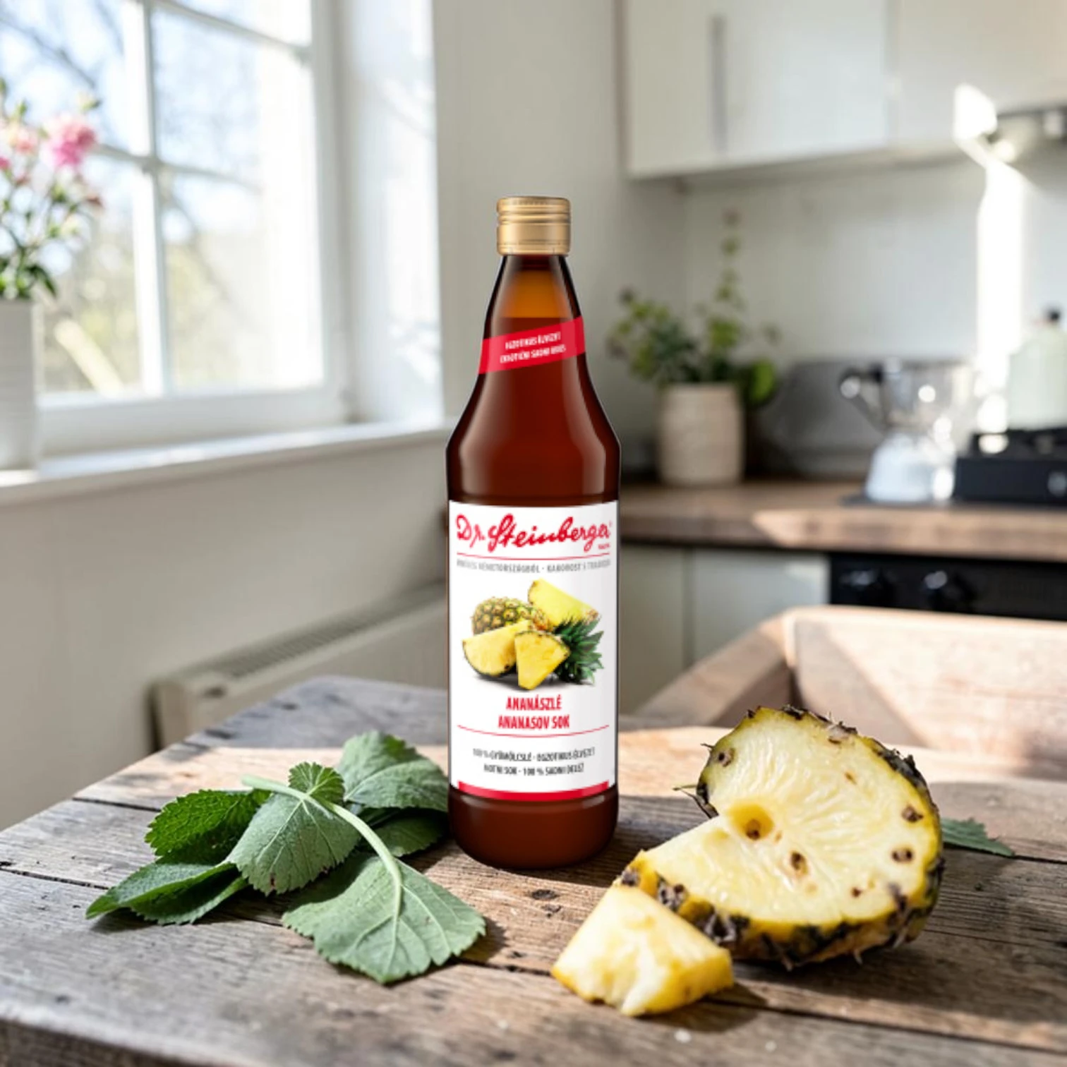 gluténmentes direktlé, ananász gyümölcslé, Dr. Steinberger 750 ml, mentes ital, 100% ananászlé, kíméletes préselés