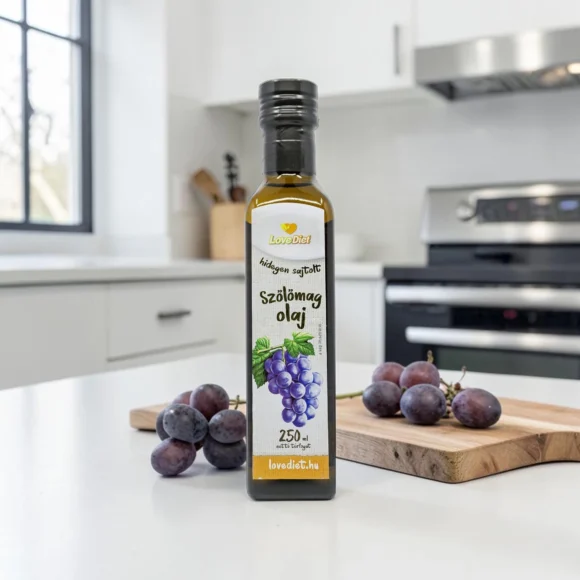 hidegen sajtolt szőlőmagolaj, diétás alapanyag, mentes növényi olaj, szőlőmagolaj 250ml, prémium növényi olaj, karakteres szőlőmagolaj, antioxidáns növényi olaj