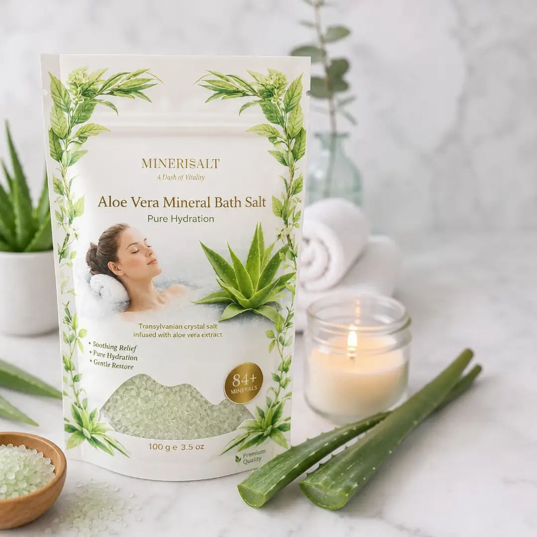 Minerisalt aloe vera fürdősó 100g használata, aloe verás fürdősó, relaxáló fürdősó, természetes fürdősó, bőrápoló fürdősó, aloe vera kivonat, frissítő fürdősó, vegán fürdősó