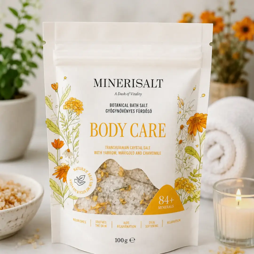 Minerisalt body care fürdősó 100g használata, prémium gyógynövényes fürdősó, gyógynövényes fürdősó, természetes fürdősó, bőrápoló fürdősó, vegán fürdősó